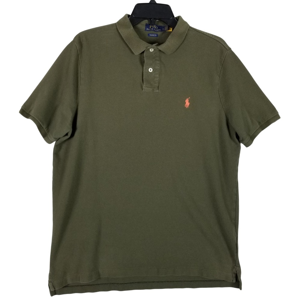 Polo Ralph Lauren Polo Shirt Mens Large Olive Green Classic Fit Orange Pony 326